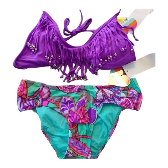 NEW Raisins Bikini Set 2 Piece Swimsuit Purple Fringe Bra Cocoa Beach Bottom M - Picture 1 of 8